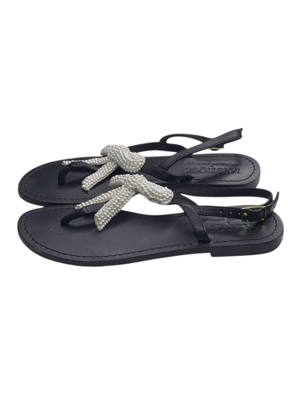 Mystique x Stephanie Gottlieb 𞠬 Liza Pearl Bow Flat Sandals 𞠬 Black Leather 𞠬 - Picture 6 of 16